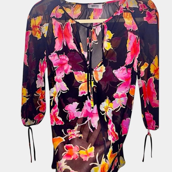 Moschino Y2K | 90s | 2000’s | Butterfly Print Sheer Blouse | Black + Pink - Picture 7 of 8